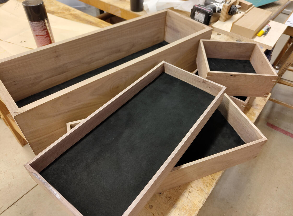 Tool Chest - Spring 2024. Fitting suede linings for trays.